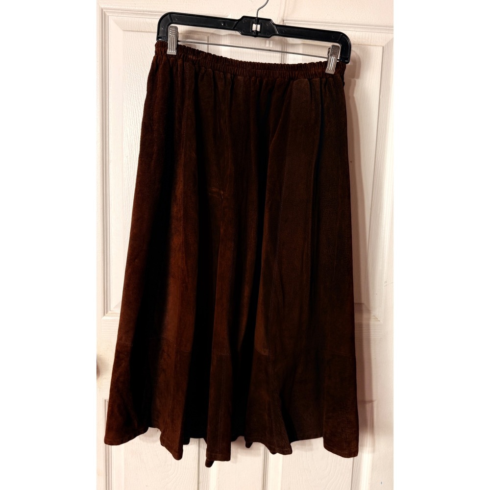 VTG Branded Santa Fe Brown Suede Leather Midi Skirt Elastic Waist Western Large - Picture 5 of 10